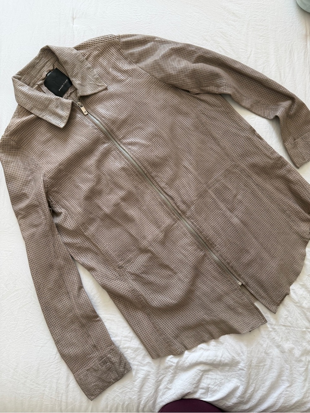 Perforated Taupe Zip-Front Leather Jacket